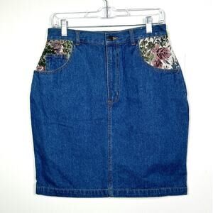 Vintage 80s Denim Floral Tapestry Detail High Waist Denim Skirt, Size 11/12